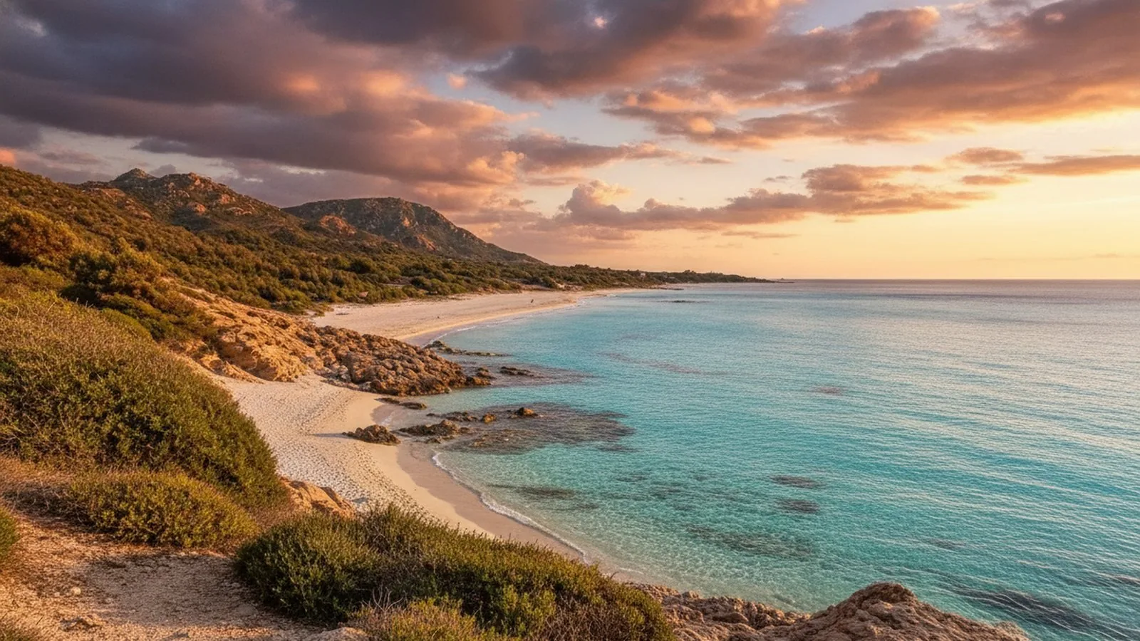 La costa del sud Sardegna al tramonto, con la spiaggia e il mare turchese